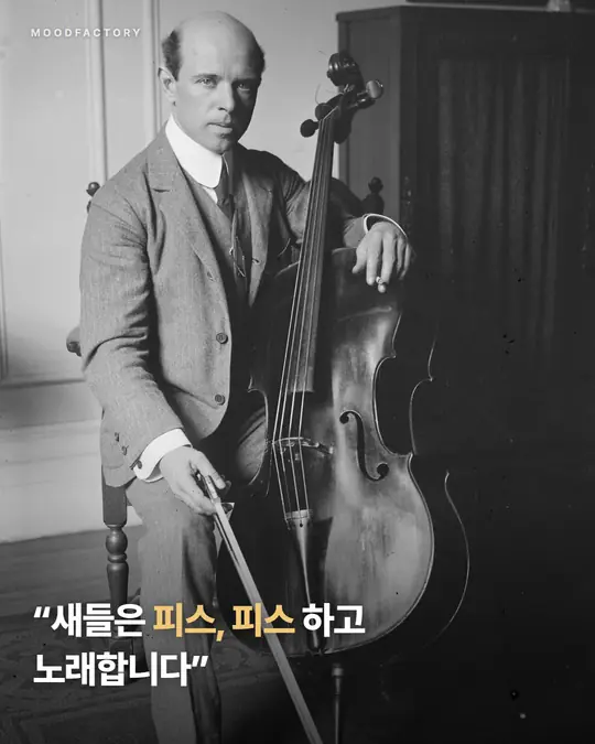첼로를 든 파블로 카잘스 흑백 사진 위에 제목 ‘“새들은 피스, 피스 하고 노래합니다”’